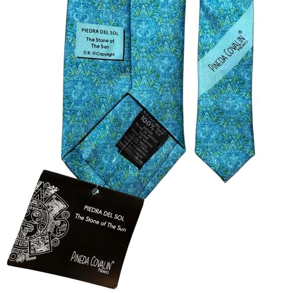 NEW Pineda Covalin 100% Silk Tie Piedra Del Sol Sun Stone Mexico Turquoise Blue - Picture 4 of 11